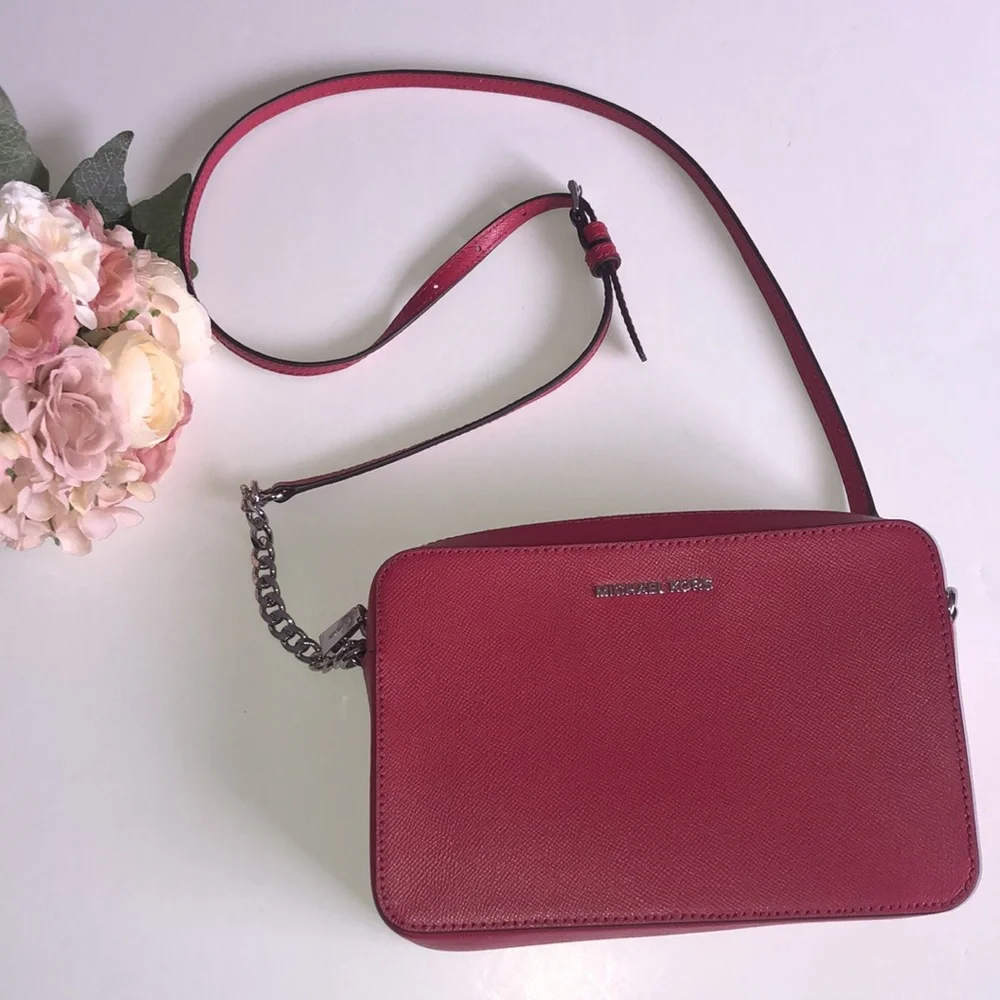 Michael Kors Jet Set Crossbody Raspberry Pink Red Leather MK Crossbo